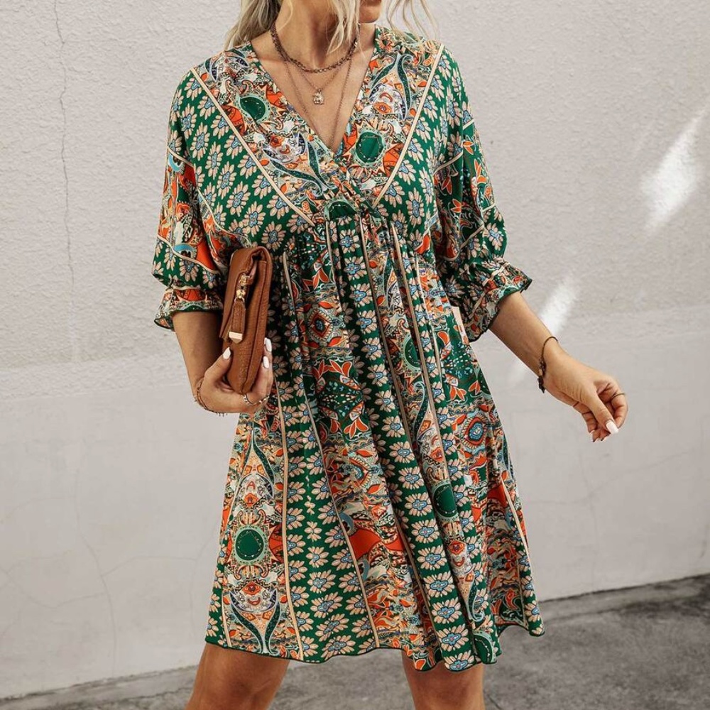 Bohemian Green Orange Paisley V neck Gypsy Mini Dress - Picture 2 of 4